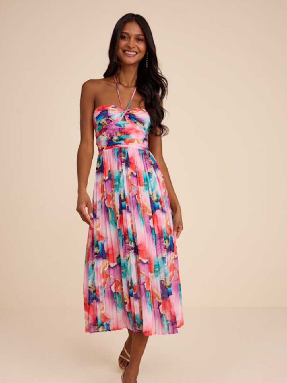 Lulus Anara Pink Multi Floral Pleated Halter Midi Dress - Size M
